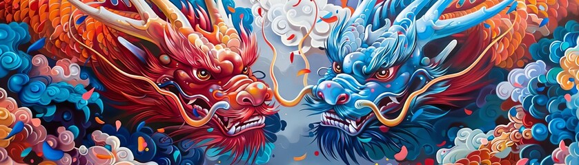 Fototapeta premium closeup shot or medium shot of Dance of Dragons Vivid Chinese New Year Backgrounds for Social Media , bright image, add copyspace for text
