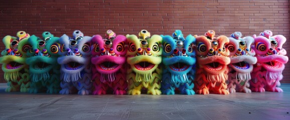 Naklejka premium Lion Dance Heads, Brightly Colored And Lively, Lined Up Before Practice On The Training Court,High Resolution, Ultra HD