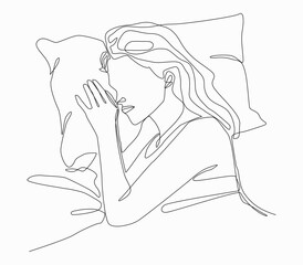 Girl sleeping in bed line art drawing,  vector illustration.