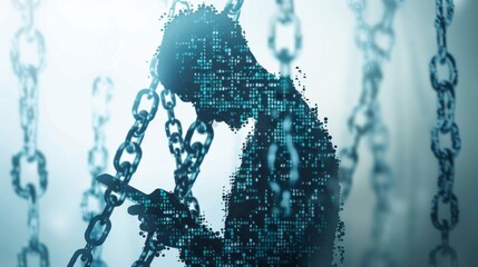 a person with chains made of digital code linking them to a smartphone