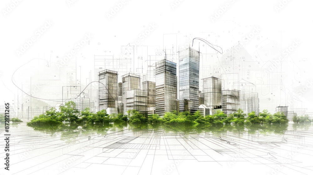 Poster drawing 3d architecture city building sketch lines with green tree on white background