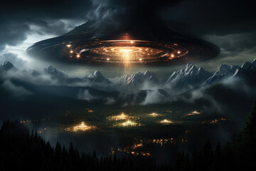 UFO. Alien spaceship glowing in the clouds. Invasion. Alien guests. Unknown flying object