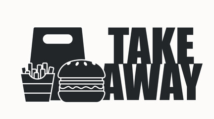 Vector Isolated Illustration of Burger and Fries and a take away bag. Black and White Burger and Fries take away icon