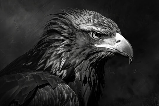 A black and white eagle with its head turned to the right