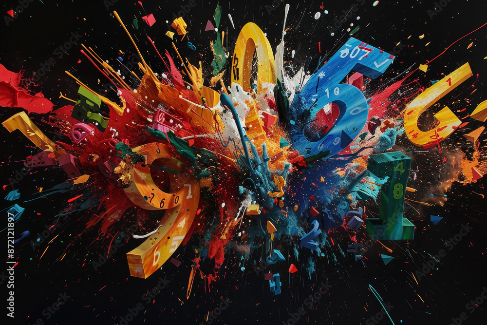 Poster a colorful explosion of numbers and letters, including the numbers 1 through 9