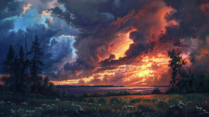A painting of a stormy sky with a sunset in the background