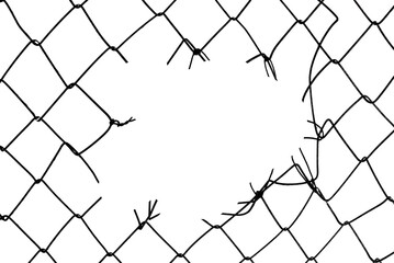The texture of the metal mesh on a white background. Torn steel, metal mesh with holes