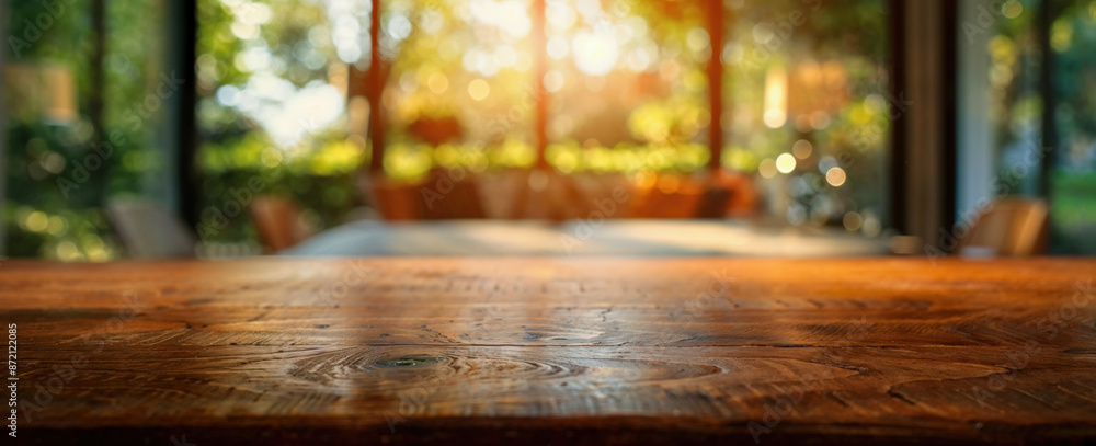 Poster empty wooden table showing blurred background of a terrace with green trees and warm sunset light