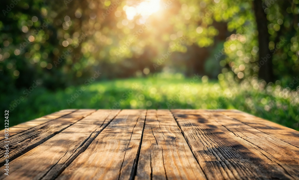 Poster empty wooden table displaying your product with a blurred spring nature background