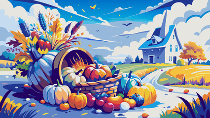 Idyllic Autumn Harvest Scene with Pumpkins and Countryside Farmhouse