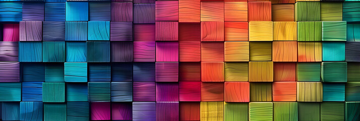 Fototapeta premium Abstract geometric rainbow colors colored 3d wooden square cubes texture wall background banner illustration panorama long, textured wood wallpaper&nbsp;
