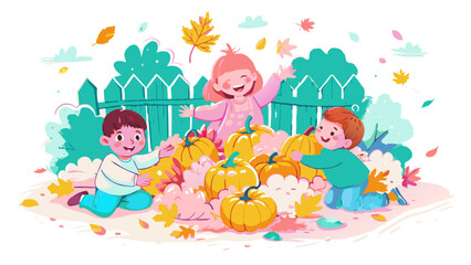 Cheerful Children Playing in Autumn Pumpkin Patch