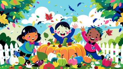 Naklejka premium Playful Children Celebrating Autumn Harvest with Pumpkins and Leaves