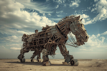 A horse sculpture made of metal and chains is walking across a desert