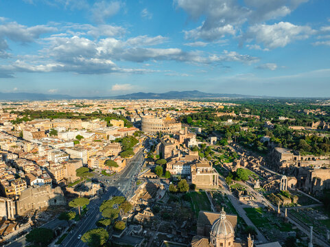Aerial drone photo of the Colosseum in Rome, Italy