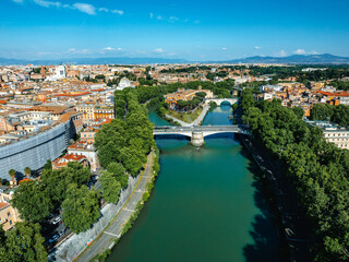 Fototapeta premium Aerial photo with drone over the Tiber River on the border with Trastevere in Rome Italy