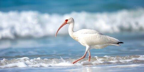 White ibis strolling along a shoreline in America. Concept Bird Watching, Wildlife Photography, Shoreline Views, Avian Encounters