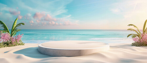 Obraz premium Tranquil beach scene with round stone platform surrounded by lush plants at sunrise. Copy space. Generative AI 