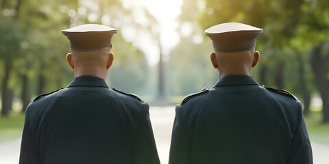 Two men in uniform paying tribute in front of a monument. Concept Uniform Tribute, Monument Respect