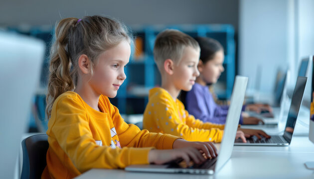 KnowledgeForAll, Free coding workshops for young learners, Children Using Laptops in Classroom Setting, Children focused on using laptops in a modern classroom, representing digital learning, educatio