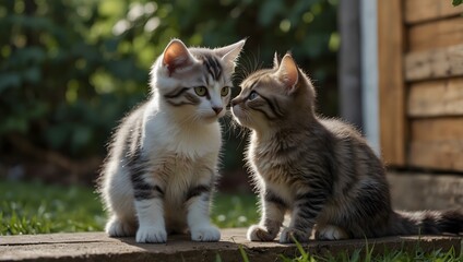 Obraz premium A short story about a kitten who befriends an unexpected animal companion in the backyard ai_generated