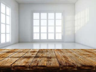 Rustic wooden table top on blurred bright white room and windows background for product display