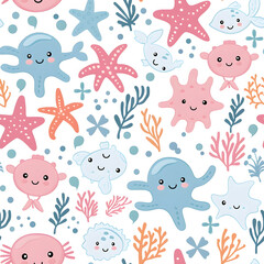 Cute little sea life creatures seamless pattern background in pastel color.