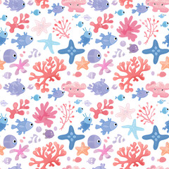 Cute little sea life creatures seamless pattern background in pastel color.