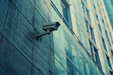 A security camera is mounted on a building