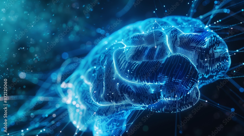 Poster AI digital brain with flowing data streams on a high-tech background, blue tones