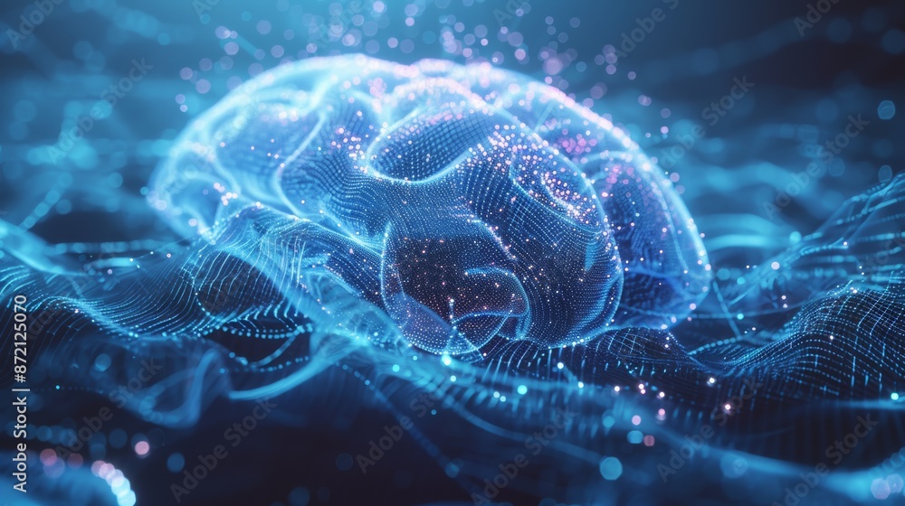 Poster AI digital brain with flowing data streams on a high-tech background, blue tones