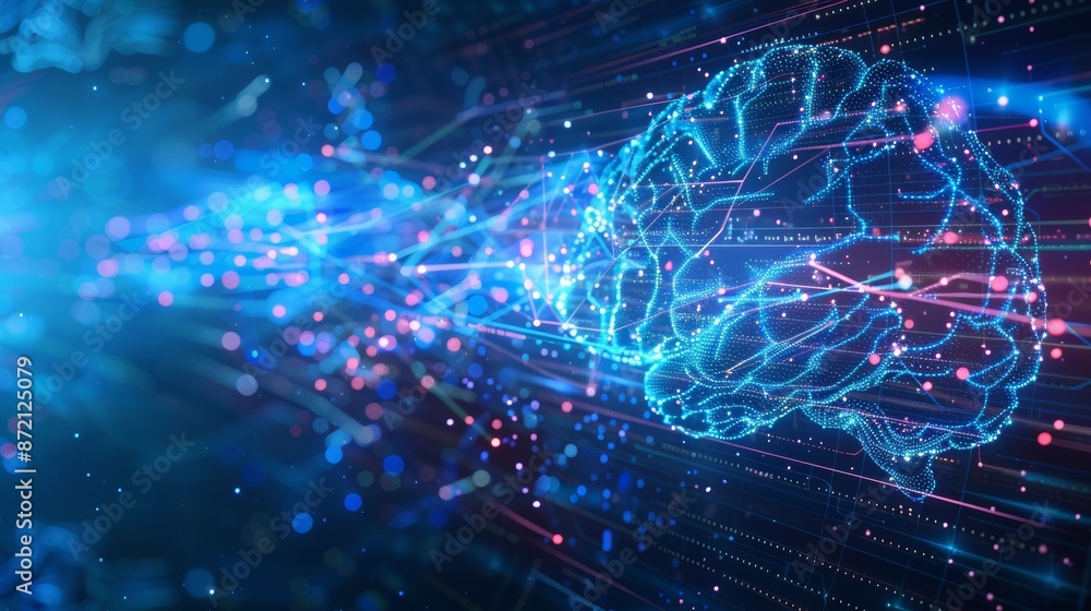 Poster AI digital brain with flowing data streams on a high-tech background, blue tones