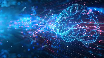 AI digital brain with flowing data streams on a high-tech background, blue tones