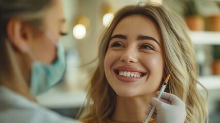 Cosmetologist makes rejuvenation injection in woman face skin, anti aging revitalization cosmetic procedure in beauty spa salon. Beautician hands in gloves makes facial acid injection treatment