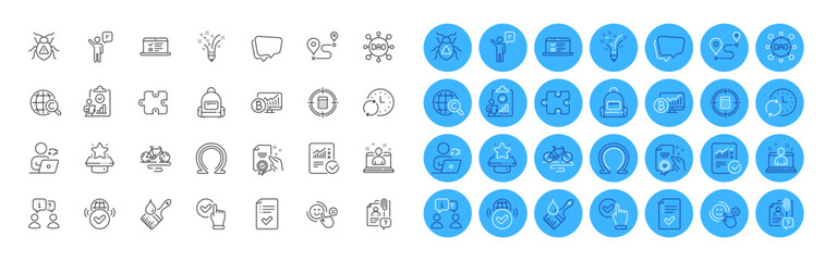 Puzzle, Inspect and Approved checklist line icons pack. Bike, Inspiration, Best manager web icon. Brush, Interview, Video conference pictogram. Search employee, Checked calculation, Agent. Vector
