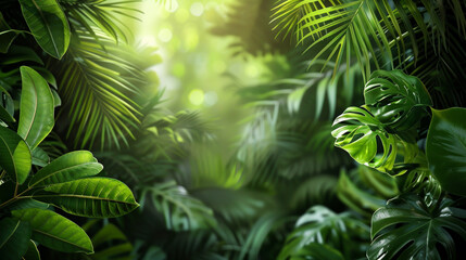 A lush green jungle with a bright sun shining through the leaves