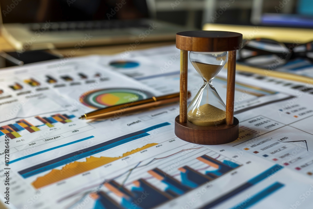Poster a sand timer sits on a table with a bunch of graphs