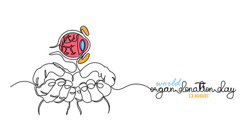World Organ Donation Day with eye for Transplantation, line art Hand holding human realistic liver, heart, kidneys, lungs. World Organ Donation Day is on the 13th of August. template Design