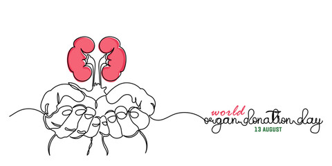 World Organ Donation Day with kidneys for Transplantation, line art Hand holding human realistic liver, heart, kidneys, lungs. World Organ Donation Day is on the 13th of August. template Design
