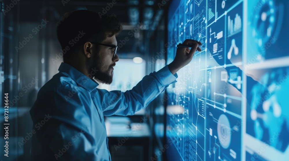 Poster a dedicated scientist examines intricate data and equations on a high-tech whiteboard in a modern la