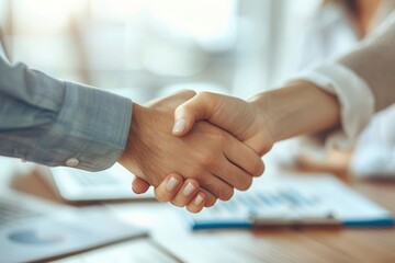 Closeup of handshake over a desk, agreement, advisorclient relationship