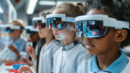 Group of children wearing augmented reality glasses in a lab, AR learning tools, tech in education