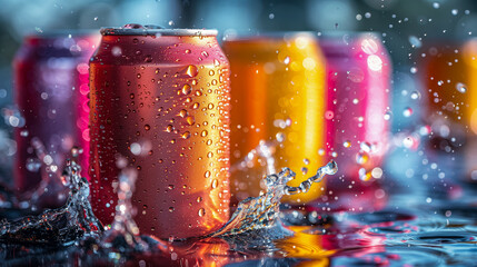 Soda cans glisten with droplets of liquid, their vibrant colors capturing the light in a dazzling display.