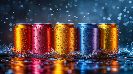Soda cans glisten with droplets of liquid, their vibrant colors capturing the light in a dazzling display.