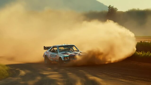 Vintage rally car splashing the dirt in retro 80s styled scene