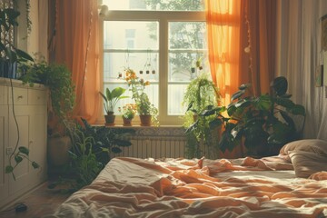 Cozy sunlit bedroom with plants