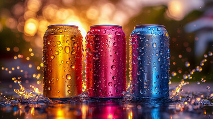 Soda cans glisten with droplets of liquid, their vibrant colors capturing the light in a dazzling display.