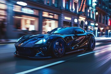 Sporty Black Supercar Driving in the City