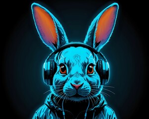 Cool neon blue rabbit wearing headphones and a hoodie.