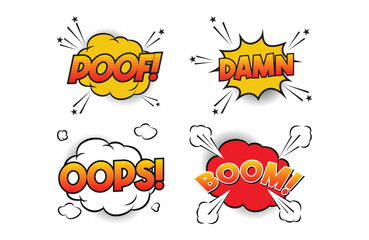 set collection funny cartoon comic vector poof speech bubble poof, damn, oops, boom